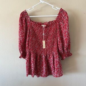 NWT Max Studio Red Floral Smocked Peplum Top Puff Sleeve size M